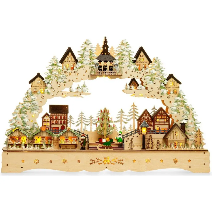 SIKORA Schwibbogen LB92 Weihnachtsdorf Seiffen mit LED Beleuchtung, Spieldose und motorbetriebenem Weihnachtsbaum B:58cm