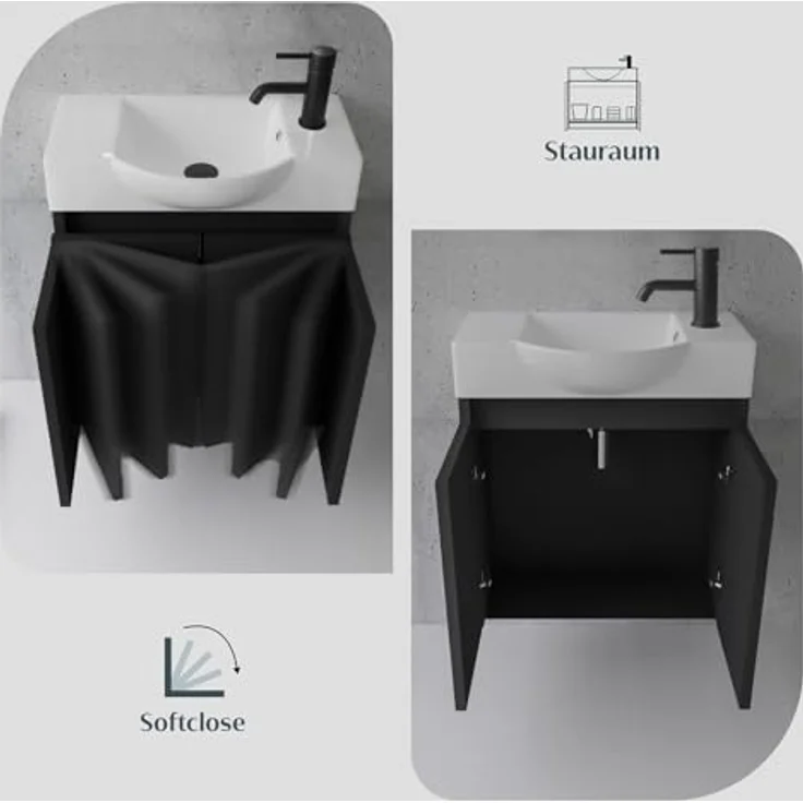 Alpenberger Badmöbel-Set Gäste WC Waschbecken mit Unterschrank 55 cm Breit, (Schwarzer Badschrank Klein, Waschtischunterschrank mit Softclose), Keramik Einbauwaschbecken Eckig Oval – Bild 6