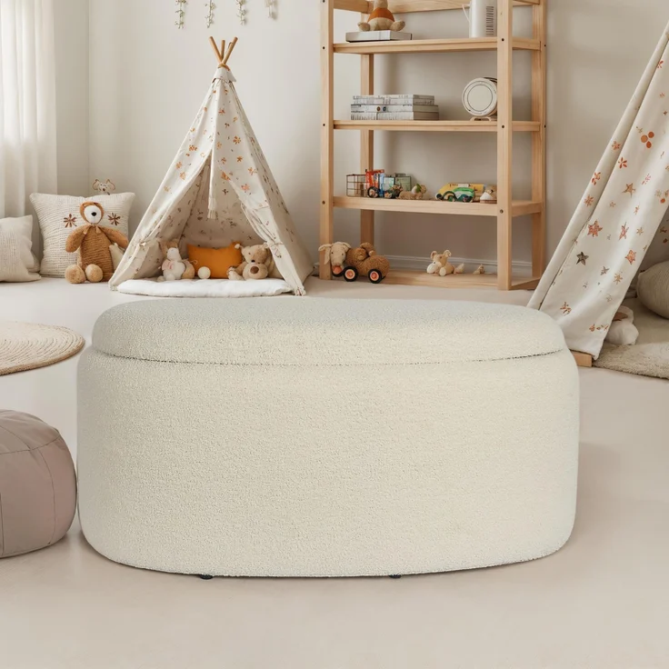 Sitzhocker mit Stauraum oval 81cm Stoff Creme abnehmbarer Deckel gepolstert modern – Bild 1
