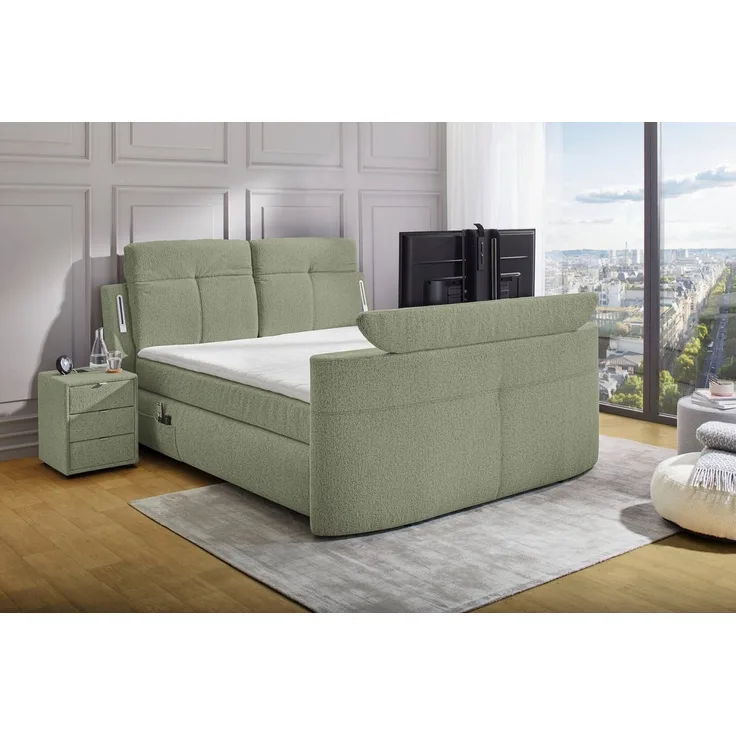 Jockenhöfer Gruppe Boxspringbett MOVIESTAR, mit Taschenfederkernmatratze H3-H4, inkl. LED-Beleuchtung (mit versenkbarem TV-Lift und Fernbedienung, verstellbare Kopfstützen), wahlweise Strukturstoff-Bezug oder Microfaser-Bezug, 180x200cm