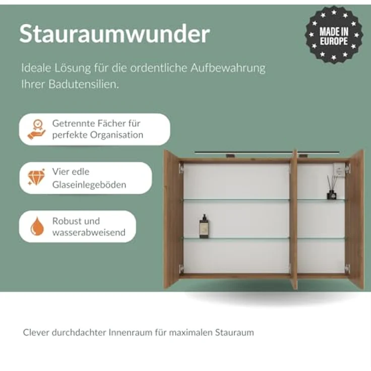 Planetmöbel ARIA Spiegelschrank Bad mit Beleuchtung 100 cm breit | Badschrank hängend mit Spiegel | Gold Eiche, mit Leuchte und Steckdose, Spiegelschrank Gäste WC 100 x 70 x 16 cm – Bild 4