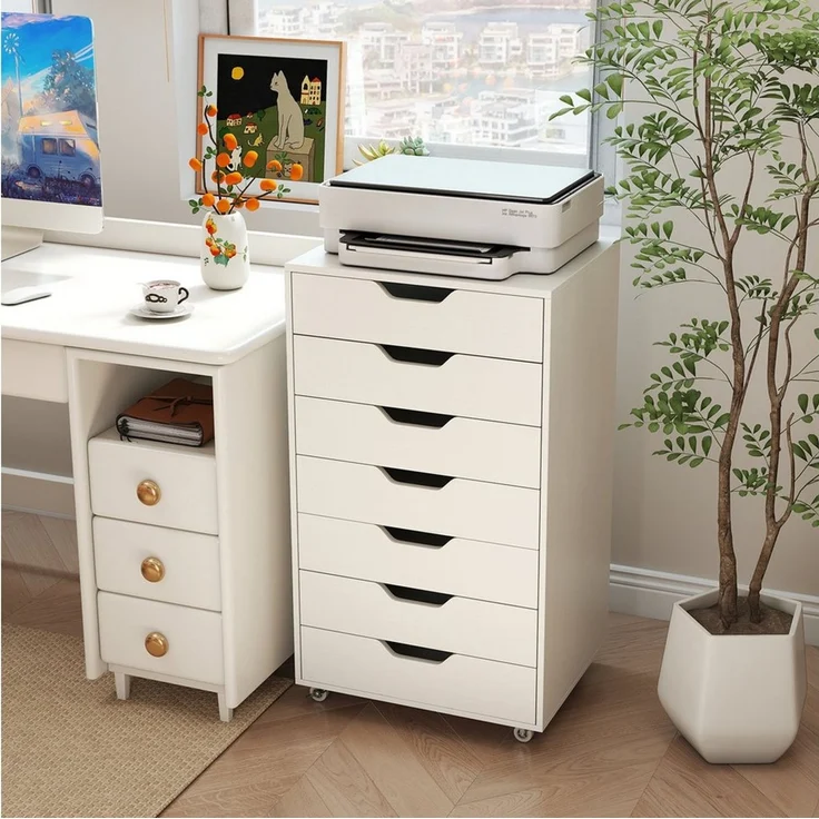 COSTWAY Rollcontainer, mit 7 Schubladen Aktenschrank mit Rollen weiß – Bild 1