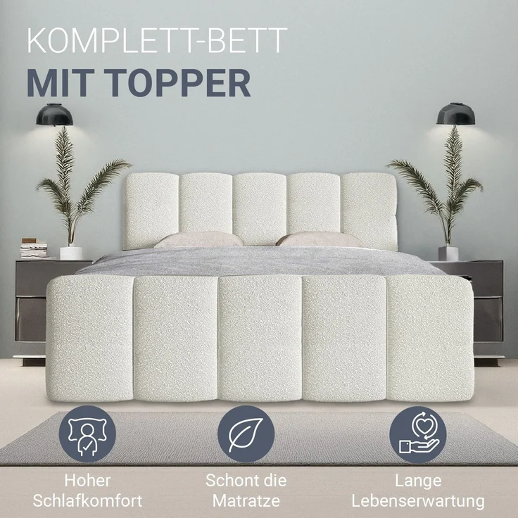 Juskys Boxspringbett Manitoba - Bouclé-Stoff, Gepolstertes Kopfteil mit Steppung & Stabile Konstruktion, Topper inklusive - Creme – Bild 5