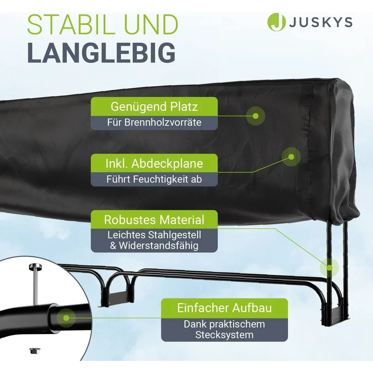 Juskys Kaminholzregal L 260x117x36 cm – Schwarz, Brennholzregal aus Stahl mit Abdeckung, Holzunterstand für Garten & Terrasse, 300 kg belastbar – Bild 5