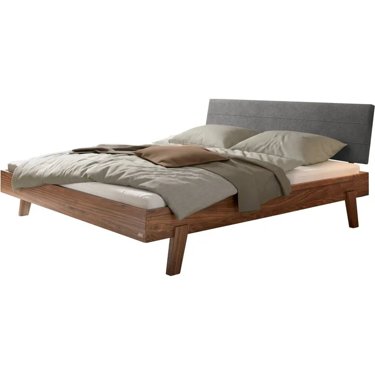 Hasena Massivholzbett Vasto Nussbaum mit Polsterkopfteil, Bezug Pace Grey 140x210 cm, Komforthöhe 25 cm