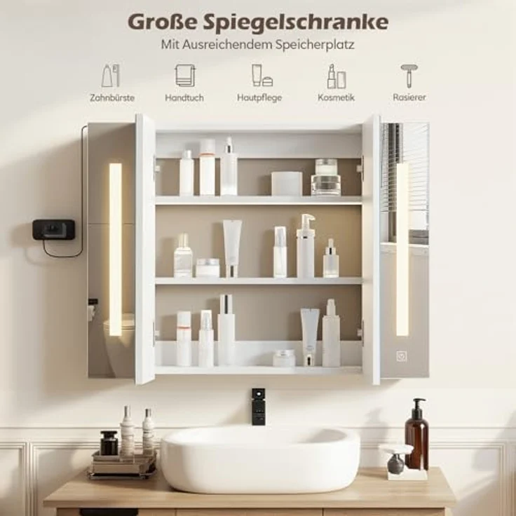 TUKAILAI LED Spiegelschrank Bad 80 x 15 x 60 cm, IP44 Wasserdicht, Stecker Stromversorgung, Moderner Badezimmerschrank mit 3 Lichtfarben, 2 Türen, 3 Verstellbaren Regalen, HD-Spiegel für Badezimmer – Bild 4
