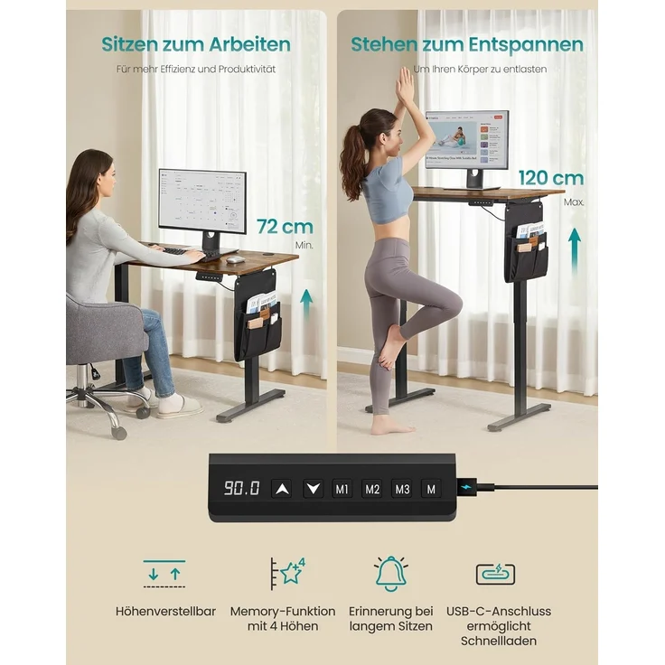 SONGMICS Höhenverstellbarer Schreibtisch elektrisch, 100x60 cm, Verstellbarer Tisch, Memory-Funktion für 4 Höhen, für Büro, vintagebraun LSD130KD01 – Bild 4