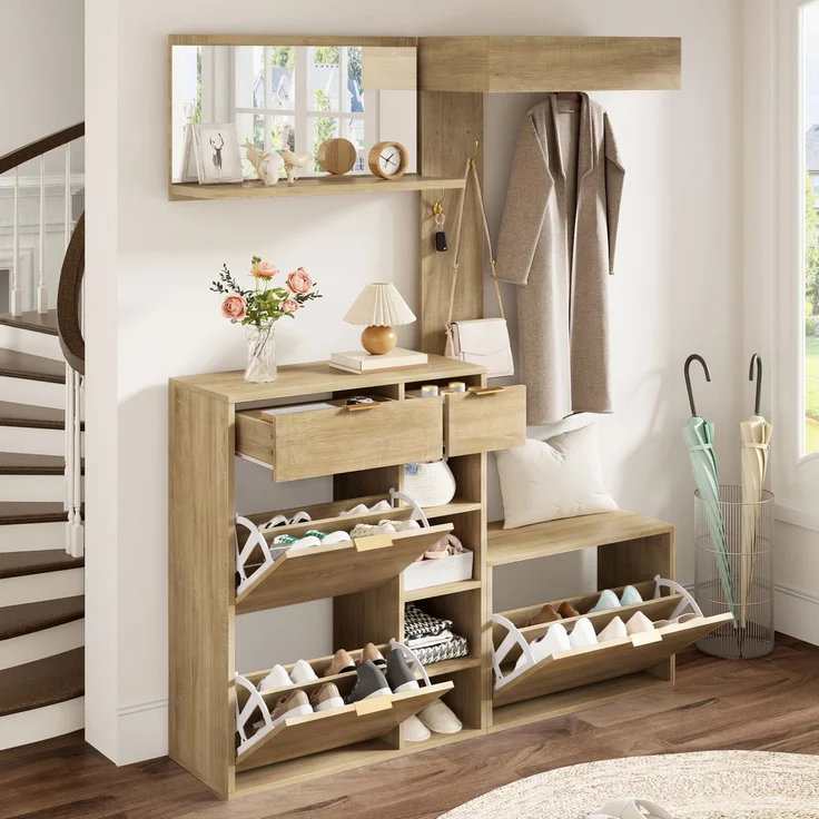 CHICFURN Schrank 130x174x30 cm mit Schuhschrank und Sitzbank – 4-tlg. Garderobenset Natur – Bild 3