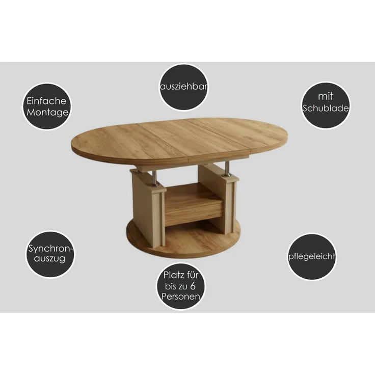 designimpex Couchtisch DA-999 rund ausziehbar höhenverstellbar mit Schublade Wohnzimmer Tisch, Funktionstisch, Wohnzimmertisch, Tisch, Esstisch, Sofatisch, Rollen – Bild 3
