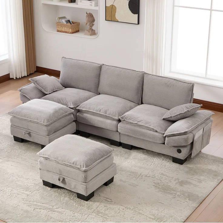 DESVIAE Sofa 3-Sitzer mit 2 Hockern, USB-C-Anschluss, Cord 260x84x132 cm Hellgrau – Bild 2