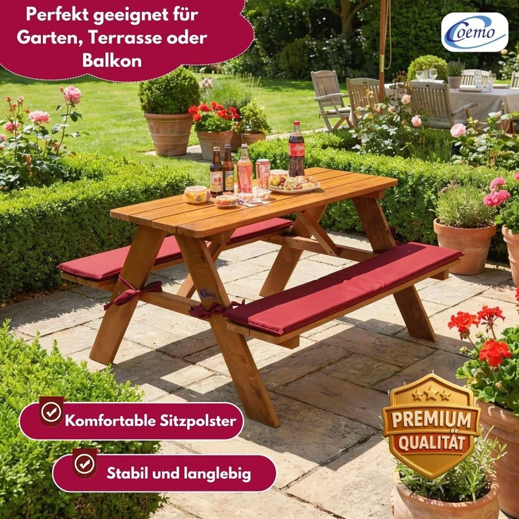 Coemo Kinder-Sitzgruppe Rotbraun Picknicktisch mit Polster Spieltisch Gartentisch Holz – Bild 3