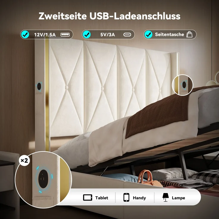 LVHOM Polsterbett mit Stauraum, Doppelbett mit LED, USB-Anschlüsse und Seitentaschen, Funktionbett, 160x200 cm, Beige – Bild 3