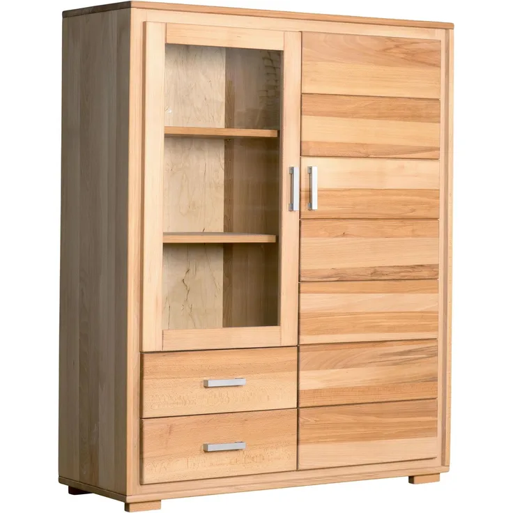 Woodline Highboard Vitrine 2-türig Kernbuche Massivholz geölt, Genf, Auszug ohne Softclose 112x40x139 cm