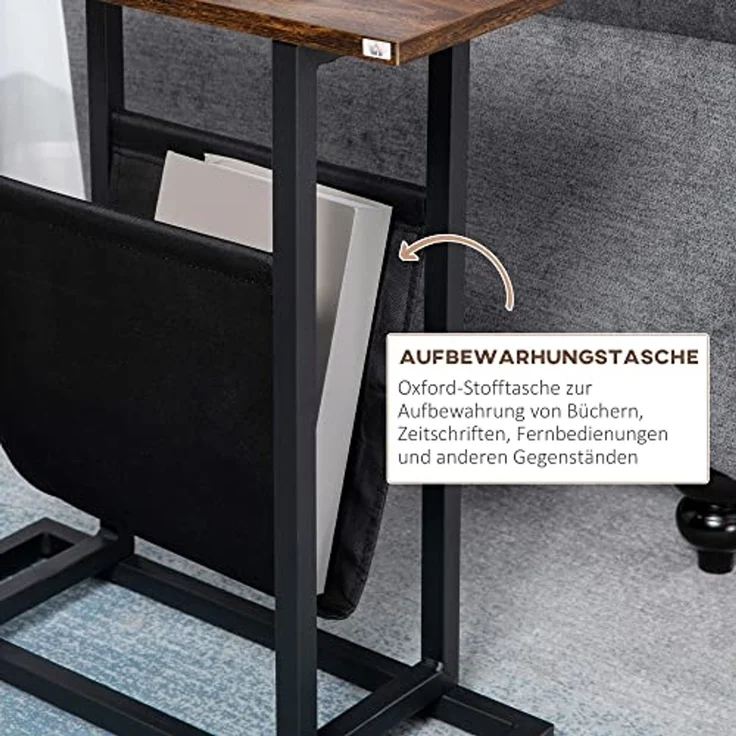 HOMCOM Beistelltisch Sofatisch mit Stahlrahmen (Kaffeetisch, 1-St, Couchtisch), Dunkelbraun+Schwarz, 49 x 19 x 55 cm – Bild 5