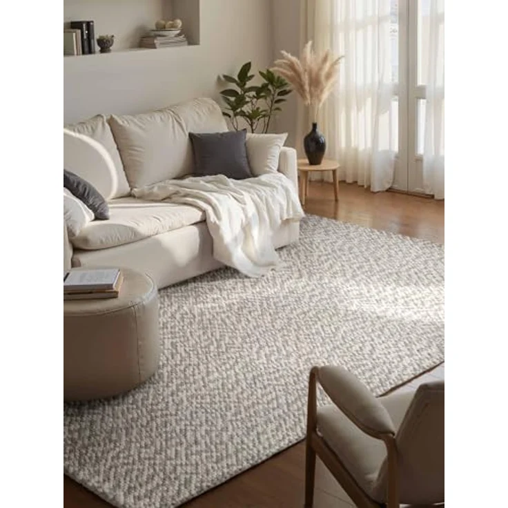 Elle Decoration Lyon - Wollteppich Beans, Natürlich & Handgemacht, Wohnzimmerteppich Wolle im Skandi Loop Design, Melierter Naturteppich mit Perlenstruktur - Natur Creme Grau, 140x200 cm – Bild 1