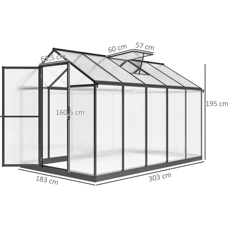 Wohnora-Gewächshaus aus Aluminium und Polycarbonat mit verstellbaren Dachfenstern, 303 x 183 x 195 cm, transparent,H 1950cm x T 1400cm x B 1830cm – Bild 4