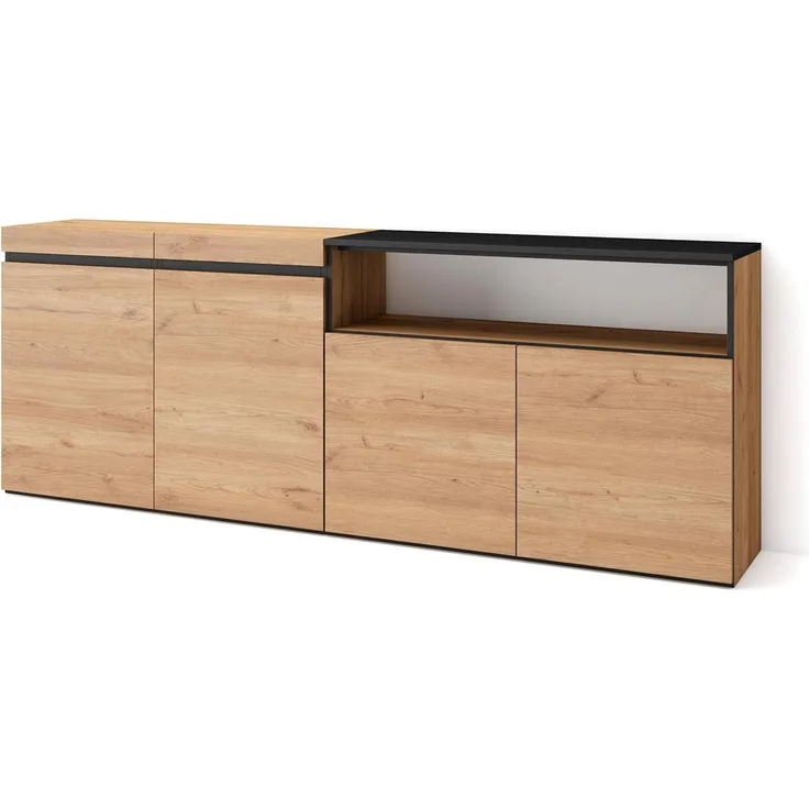 Skraut Home | Sideboard, Highboard | Kommode, Komodenschrank | 200 x 75 x 35 cm | 4 Türen | Wohnzimmer, Küche | Moderner Stil | Eiche Schwarz