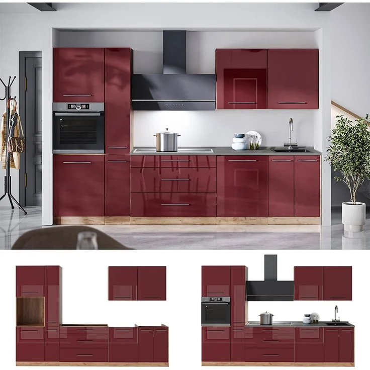 Küchenzeile Fame-Line Bordeaux Hochglanz/Goldkraft Eiche 310 cm ohne Arbeitsplatte Vicco – Bild 3