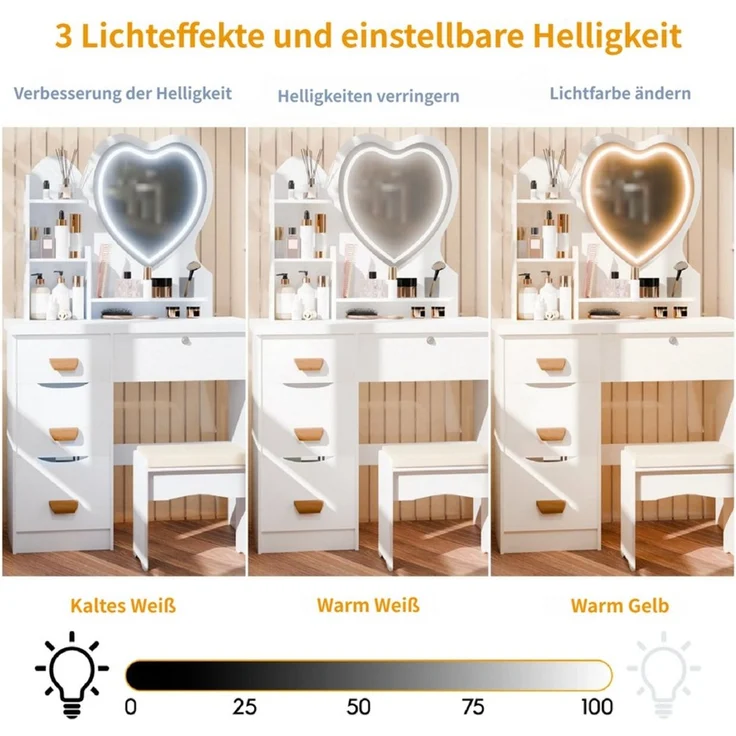 Rutaqian Schminktisch Schminktisch mit 3 Farblicht Herzspiegel, Schminktisch mit Stuhl, Sosmetiktisch mit 4 Schubladen & LED Spiegel, Inkl. Stuhl – Bild 4