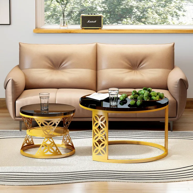 2er-Set runder Couchtisch aus Marmor-Furnier mit Metallrahmen & Kontrastdesign, 70x70x45 cm + 45x45x37 cm