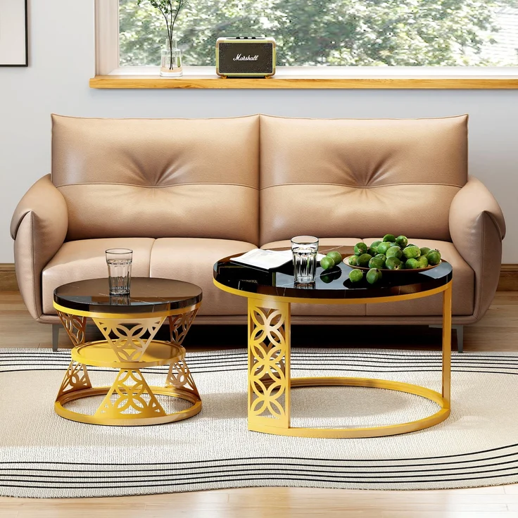 2er-Set runder Couchtisch aus Marmor-Furnier mit Metallrahmen & Kontrastdesign, 70x70x45 cm + 45x45x37 cm – Bild 1