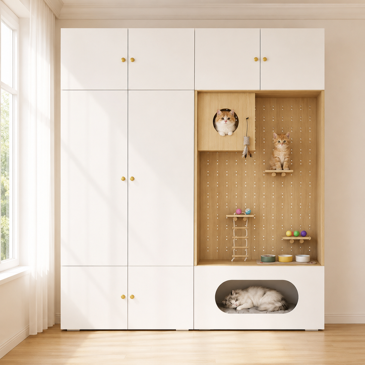 Wohnora-Kleiderschrank, Garderoben-Set Garderobe, Haustierschrank, 180 x 50 x 200 cm, mit 1 Kleiderstange, Katzenkletterwand und Haustierkissen, für Schlafzimmer, Wohnzimmer und Flur, Weiß+Holzoptik,H 200cm x T 180cm x B 50cm