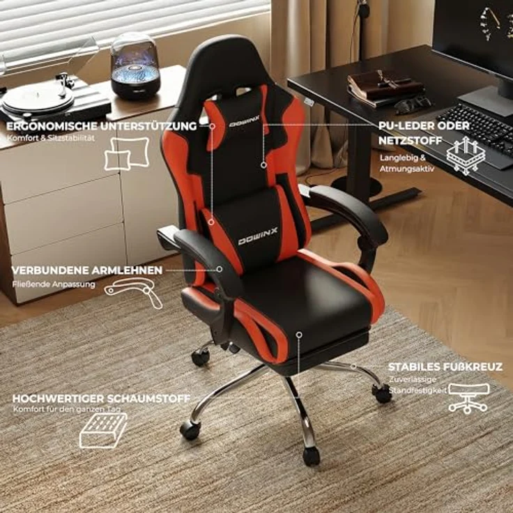 Dowinx Gaming Stuhl, Ergonomischer Gamer Stuhl für Büro und Home Office, Verstellbarer Bürostuhl mit Rückenlehne bis 150°, mit Fußstütze, Belastbar bis 180 kg, Rot – Bild 6