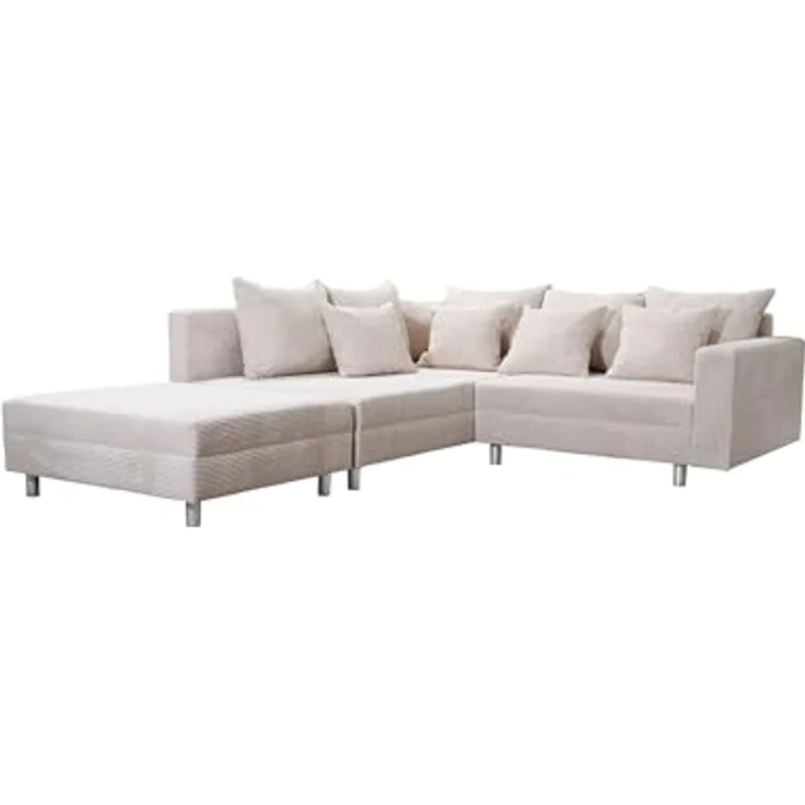 Wohnlandschaft Sofa Couch Ecksofa Eckcouch Cordstoff beige + Hocker Minsk L – Bild 4