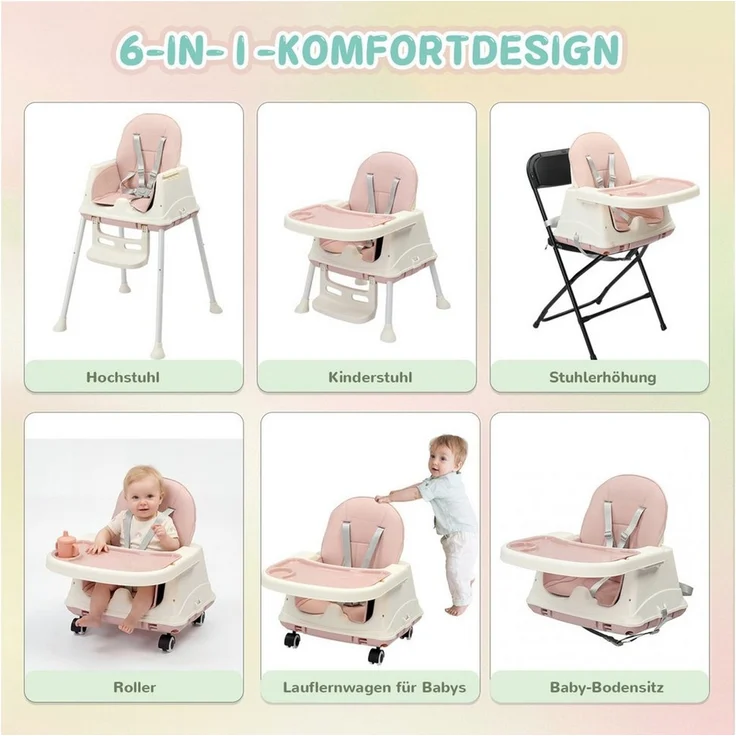 LALAHO Kinderstuhl Baby 4-in-1 Kinderhochstuhl - Abnehmbar Esszimmerstuhl, Kinderwagen - Mitwachsstuhl und Babystuhl Höhenverstellbar – Bild 2