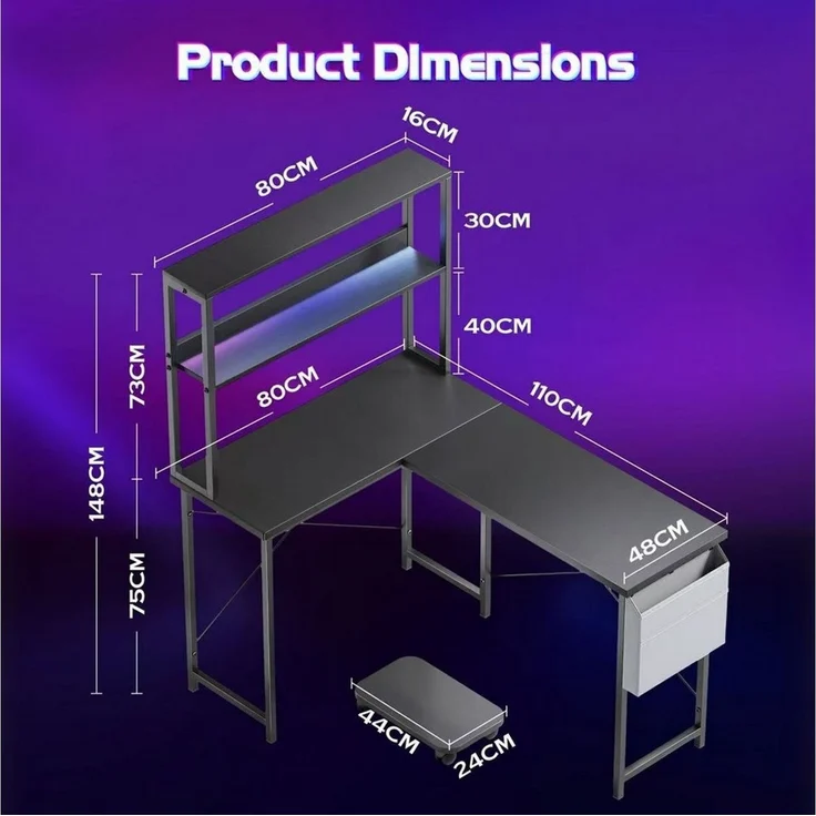 BBWL Computertisch mit LED-Beleuchtung 110 x 80 x 75 cm, Schreibtisch mit 2 Ablagen, PC-Halter, Stofftasche & 2 Montagemöglichkeiten – Bild 4