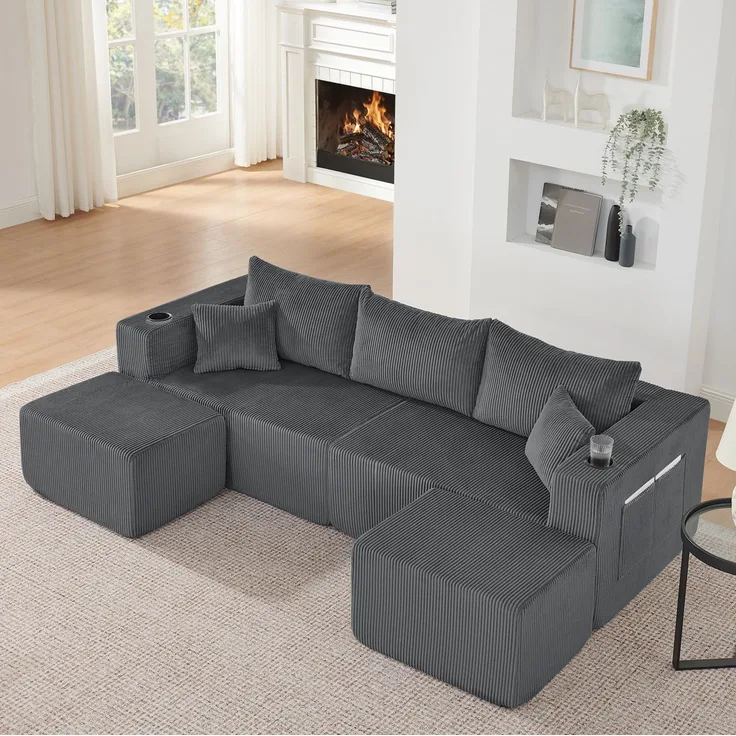 DESVIAE Sofa 3-Sitzer mit beweglichen Ottomanen, Cordstoff, Grau, mit Getränkehaltern und Seitentaschen, 230 x 138 x 75 cm