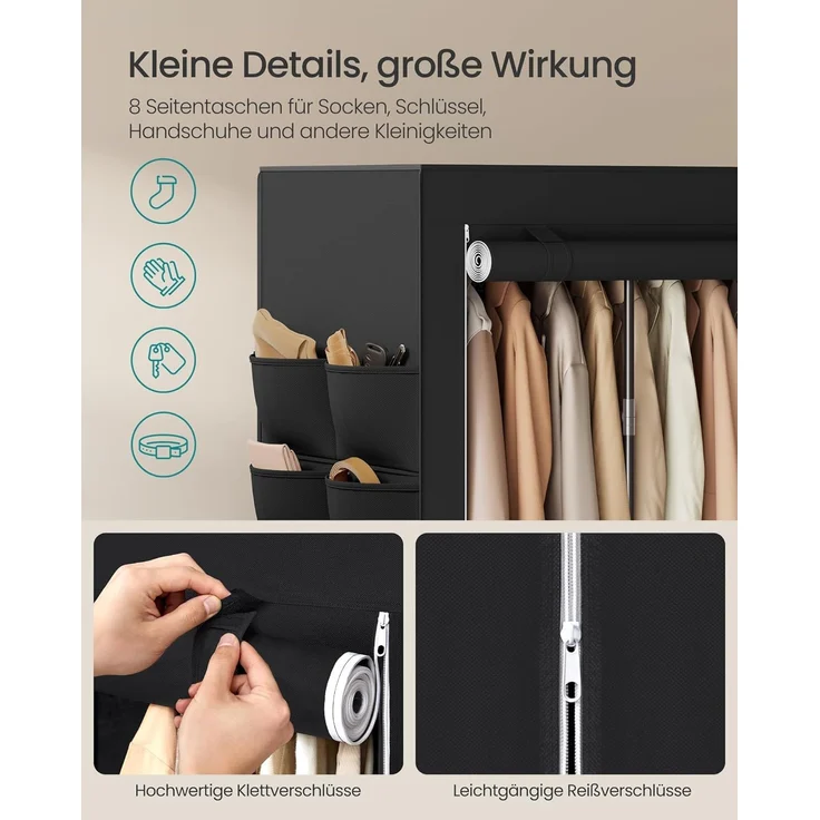 SONGMICS Stoffschrank mit Kleiderstange, Kleiderschrank mit Seitentaschen, Schrank für Schlafzimmer, 3 Hängefächer, schwarz – Bild 7