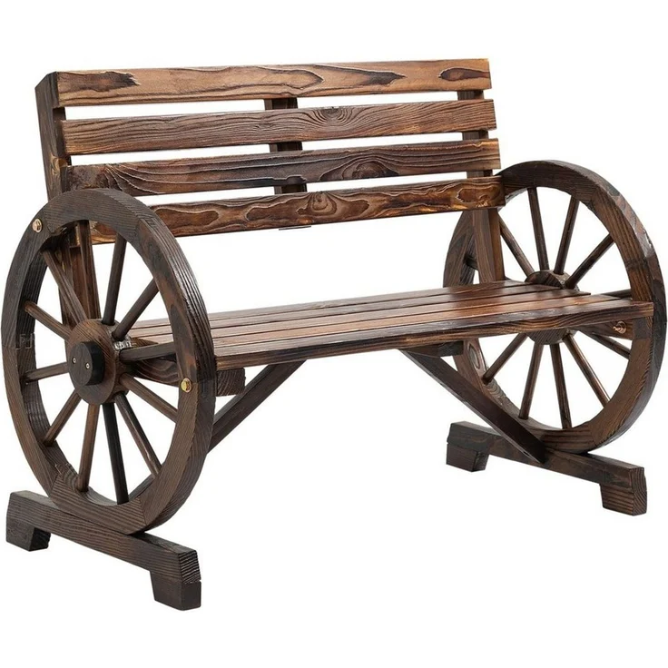 Outsunny Gartenbank 2-Sitzer Sitzbank Holzbank Parkbank im Wagenrad-Design, Bank mit Armlehne im Landhausstil bis 240 kg belastbar Tannenholz Verkohlt 105,5 x 56 x 79 cm – Bild 1