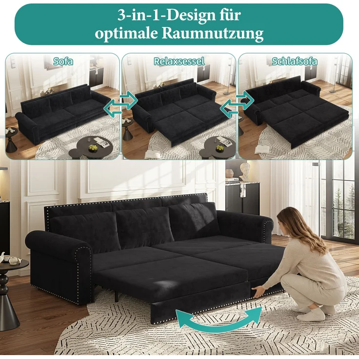 Schlafsofa, Samt, 3-in-1 ausziehbar, 238x90x98 cm, Schwarz – Bild 7