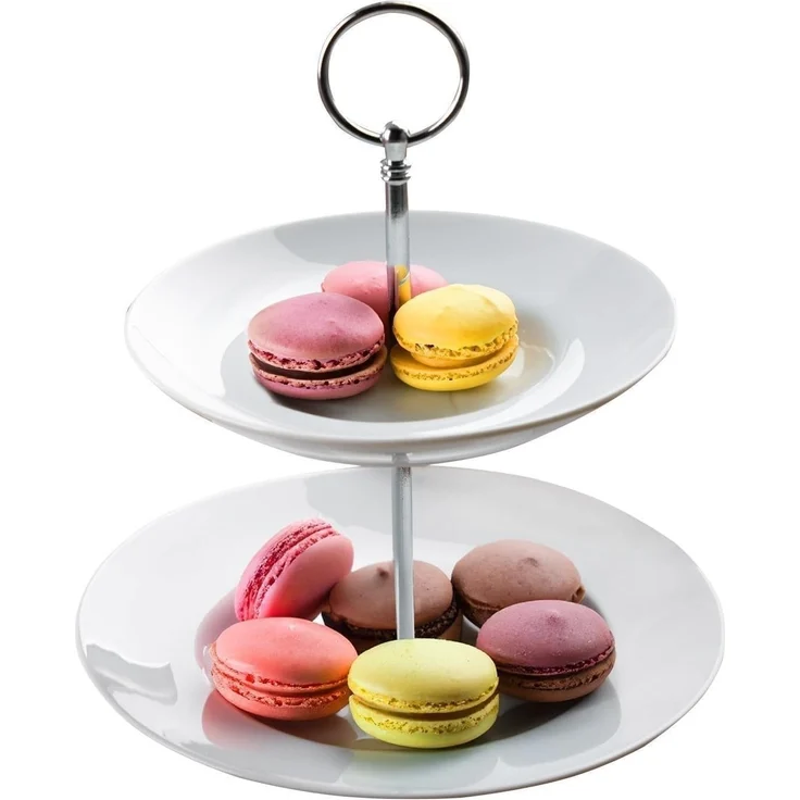 Home4You Etagere, Ø 21 x H 23 cm, Weiß, 2-stöckig, Metallgriff, Porzellan, für Desserts, Obst, Kuchen, Süßigkeiten – Bild 1