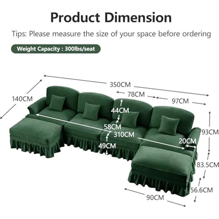 Ball & Cast Sofa Sets, Sofa 2 Sitzer mit Flared Armlehnen, Modulares Sofa mit Abnehmbarem Volant für Wohnzimmer, Grün, 4 Sitze + 2 Hocker – Bild 2
