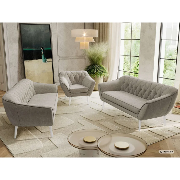 Wohnzimmerset, Möbelset PIRS 3-3-1, Armlehnen, Wellenfederung, weiße Füße, Dreisitzer Sofas mit Sessel, Polstermöbel Set - Greige Stukture – Bild 5