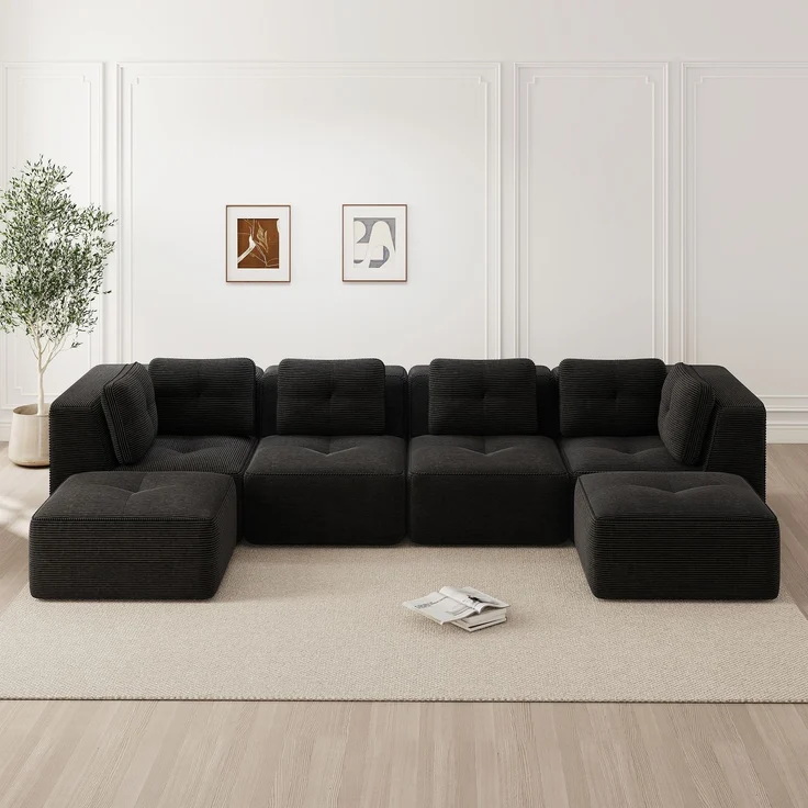 EINHOM Modulares Wohnzimmersofa ohne Gestell, modulares Ecksofa, U-förmiges Sofa mit Ottomane, tiefes Schlafsofa, rutschfestes Design, keine Montage erforderlich, Schwarz – Bild 3