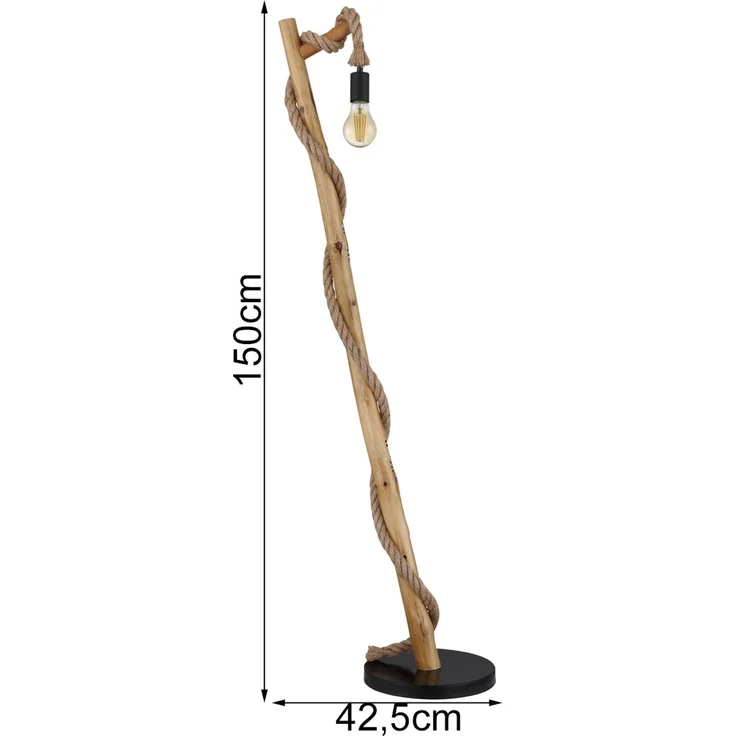 LED Stehleuchte mit Hanfseil und Holzstab, Höhe 150cm – Bild 3