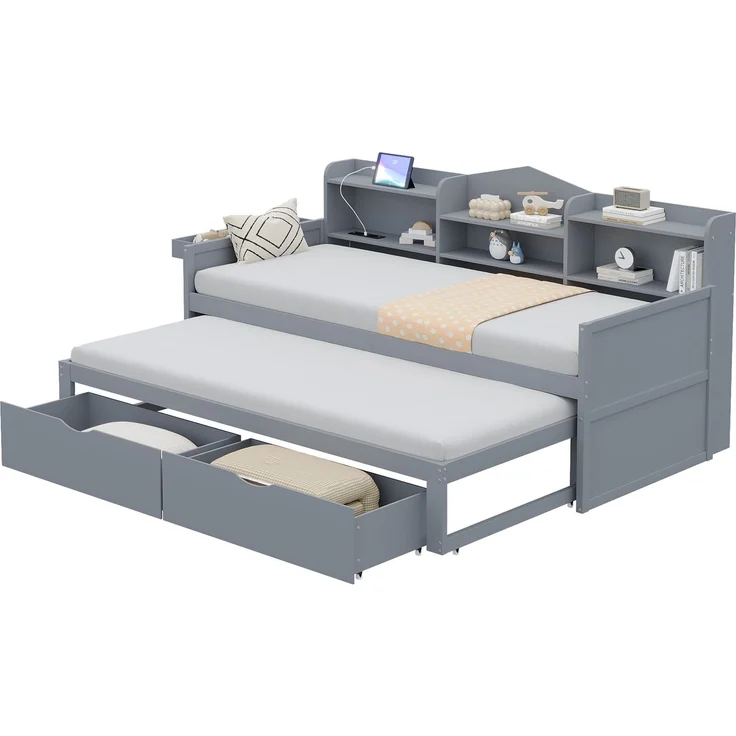 Schlafsofa mit Sitz- und Liegefläche 90x200 cm, Grau, Ausziehbett 90x190 cm und Stauraum – Bild 8