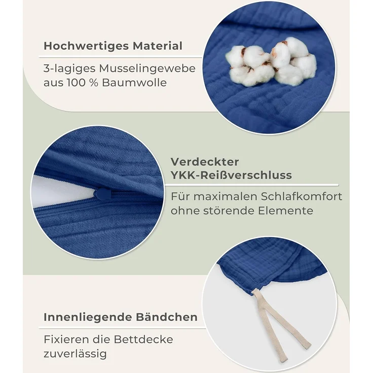 Laynenburg Bettwäsche Musselin aus 100% Baumwolle in 135x200 oder 155x220 cm, atmungsaktiv & bügelfrei – 3 lagig mit Reißverschluss & Haltebändern – Bild 5
