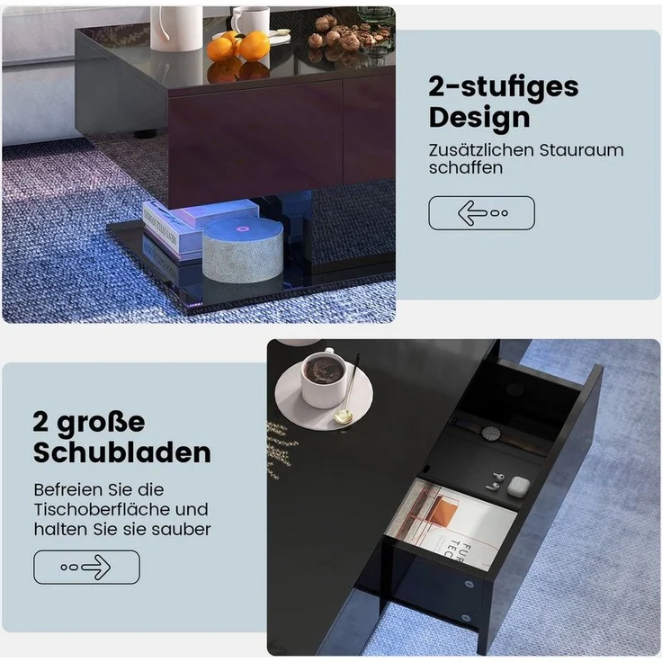 COSTWAY Couchtisch, LED, Hochglanz, 20 Farbeneinstellbar mit Stauraum schwarz – Bild 3