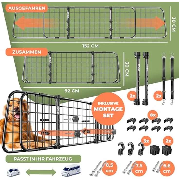 LovPet® Hundegitter Auto, Autoschutzgitter Trenngitter Universal, verstellbare Breite, Kopfstütze Kofferraum Autogitter Maße HxB 30 x 91-153 cm Kofferraumgitter,+ 2x Sicherheitsgurt für Hunde Schwarz – Bild 8