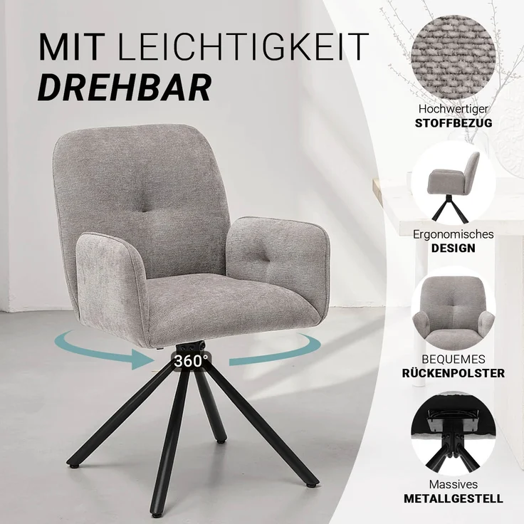 Esszimmerstühle Drehbar Set 6 Stühle für den Esstisch Drehstuhl mit Armlehne Stoff Grau Polsterstühle Sessel Modern – Bild 4