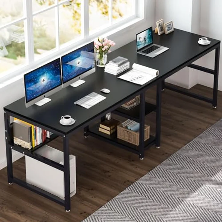 LITTLE TREE Schreibtisch Computertisch 200 x 75 x 60 cm, großer Schreibtisch aus Industriell Holz und Metall als Bürotisch Arbeitstisch für 2 Personen, ideal für Homeoffice Gaming, Schwarz – Bild 4
