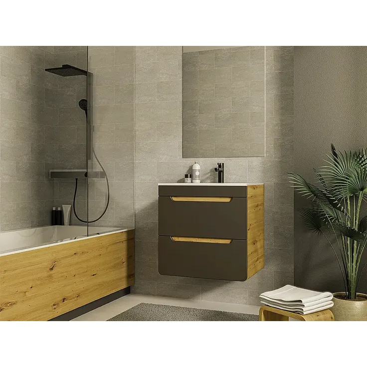 Vente-unique - ARUBA Waschbeckenmöbel Holz, Platte GrauBeige - B 46 cm x H 59 cm x L 60 cm