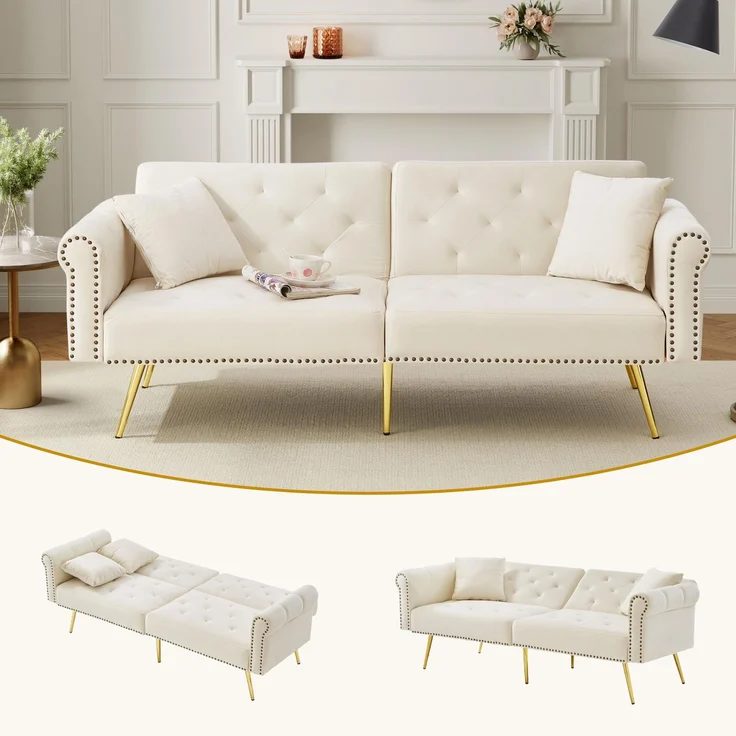 ZUBALIYA Schlafsofa 34x34 cm, mit LED - Beleuchtung, mit Stauraum, mit Samtbezug, mit breiten Armlehnen, mit Schaumstoffpolsterung, Gold – Bild 1