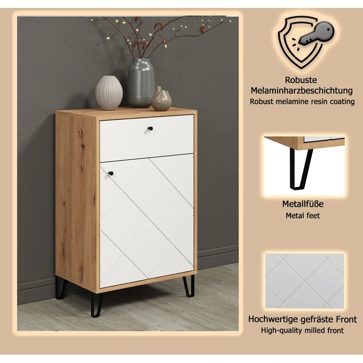 trendteam smart living - Touch - Kommode - Eiche/Weiß - Garderobenkommode mit moderner Rautenfräsung - Soft-Close - (BxHxT) 63 x 96 x 40 cm - Flurschrank mit Vollauszug-Schubladen – Bild 12