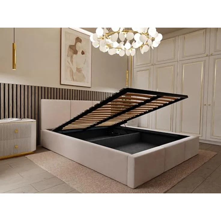 Muralo Polsterbett mit Bettkasten und Kopfteil, Metallgestell, Creme, 120x200 cm, ohne Matratze – Bild 6