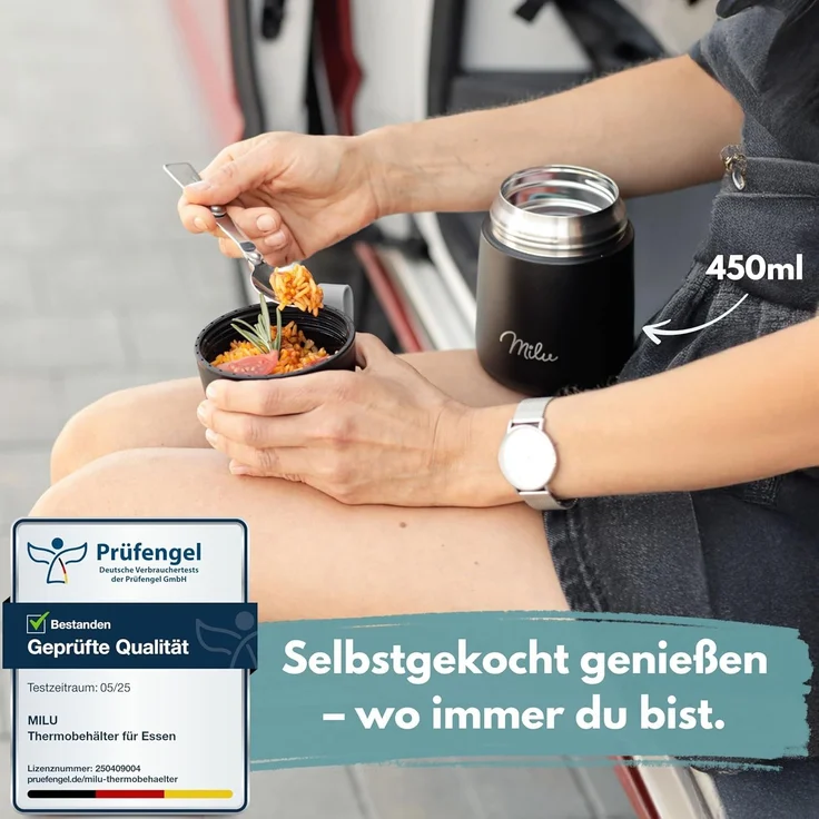Milu® Thermobehälter für Essen 650ml, Edelstahl Warmhaltebehälter mit Löffel, Thermobecher Essen, Thermo Lunchbox für Kinder, Erwachsene, Thermobox Suppen, Babybrei, Speisebehälter Schwarz, 650ml – Bild 9